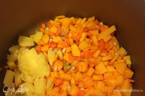 Лук и чеснок потушить. Овощи мелко нарезать, добавить к луку и тушить 5 минут.