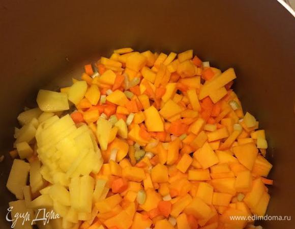 Лук и чеснок потушить. Овощи мелко нарезать, добавить к луку и тушить 5 минут.
