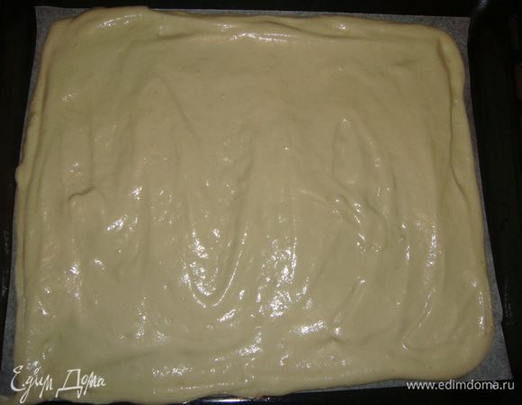 Противень застелить пекарской бумагой и смазать сливочным маслом. Выложить тесто на противень и разровнять. Выпекать в разогретой до 190°С духовке, 10 — 12 минут. Так же выпечь второй корж.