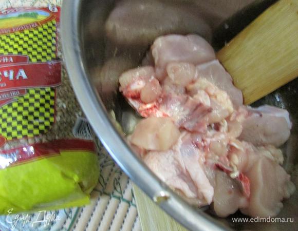 В это же масло выложить кусочки куриной грудки, слегка присолить. Обжарить до образования легкой золотистой корочки.