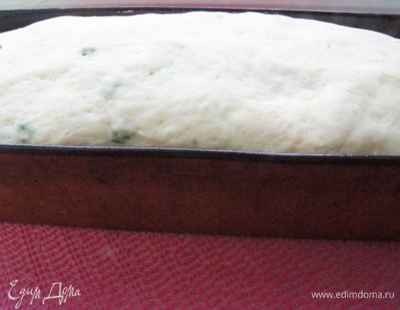 Вводим мелко нарезанный зеленый лук, перекладываем тесто в смазанную маслом форму. Оставляем подняться на 40 минут. В это время разогреваем духовку до 200°С.
На фото тесто после 40-минутной расстойки. Тесто очень нежное, боится  встрясок, поэтому аккуратно с ним обращаемся.