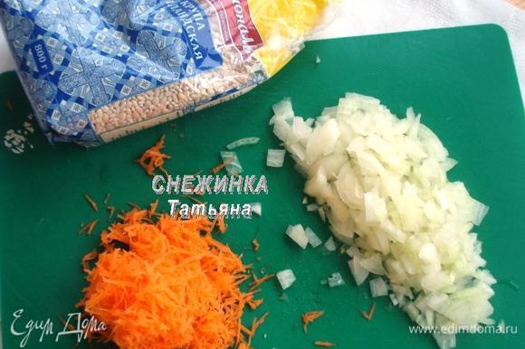 Чистим лук, морковь. Лук мелко измельчаем, морковь натираем на мелкой сырной терке, также на терке натираем зубок чеснока.
