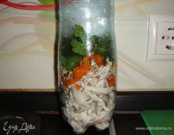 Берем литровую бутылку. Складываем в нее все ингредиенты и заливаем бульоном. Потрясти, чтобы все перемешалось.