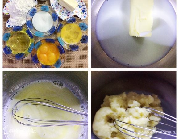 Готовим японский заварной бисквит, он выполняет функцию декора, нейтральный на вкус, но гибкий, что позволяет его сворачивать в различные формы. Главное — выбрать правильную толщину и снять верхнюю корочку бисквита. Также его можно красить в различные цвета. Т. к. у меня «елка», то цвет, соответственно, зеленый.
В сотейнике соединяем вместе сливочное масло (82,5% 50 г) и молоко (любой жирности 45 г). Ставим на плиту и, помешивая, даем маслу растаять, при этом масса почти дойдет до кипения. Снимаем с огня и вводим муку, хорошо перемешиваем венчиком, масса начинает собираться в комок.

