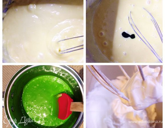 Выкладываем тесто в чашу, вводим яйца (50 г) и желтки (85 г). Хорошо перемешиваем миксером. Получится однородная, гладкая и эластичная масса.
Красим массу в зеленый цвет. У меня AmeriColor Electric Green. Цвет бисквита будет светлее, чем эта часть теста, поэтому добавляем красителя больше.
В отдельной чаше взбиваем меренгу из сахара (60 г) и белков (125 г). Начинаем с самой низкой скорости и постепенно повышаем.
