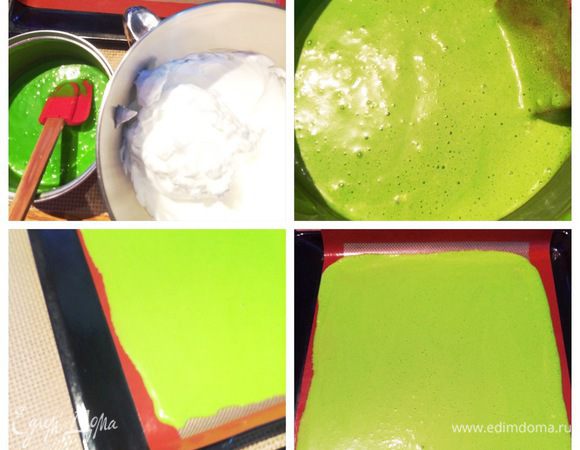 Получилась меренга и заварное тесто. В несколько этапов вводим меренгу в тесто, перемешивая силиконовой лопаткой. Должно получиться однородное тесто.
Выливаем на противень (застеленный пергаментом или на силиконовым ковриком, как у меня) немного теста. Распределяем по всей поверхности. Толщина теста должна быть не более 3 мм, иначе будет сложно работать.
