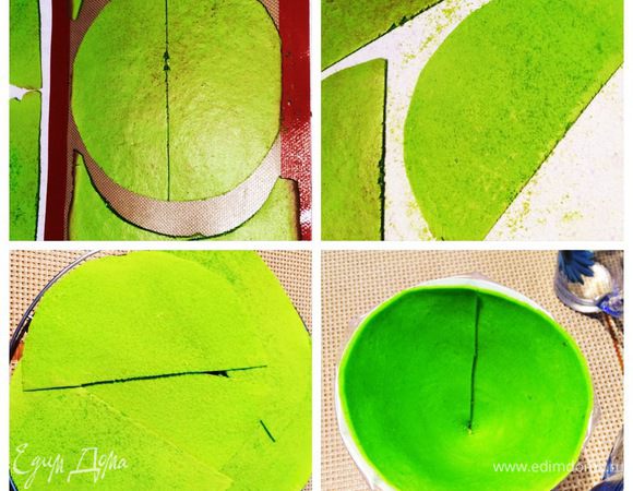 Выпекаем бисквит в разогретой до 170°С духовке 8 — 12 минут. И так проделываем эту процедуру всего 3 раза, т. е. получится 3 пласта бисквита.
Остужаем бисквиты. Когда они остынут, нужно снять верхний слой, скатывая его пальцами, открывая «поры» бисквита (на фото видна разница).
Немного отступлю от самого рецепта. С самого начала я приготовила заготовки для будущих елочек. Вырезала полукруги из гибкого картона (половина круга диаметром 24 см). Соединила скотчем и получила конусы (6 шт. для пирожных). И еще один полукруг я использовала как трафарет, чтобы вырезать бисквит (на фото). Испеченный бисквит вырезаем при помощи шаблона, получатся из 1 бисквита 2 заготовки для «елочек».

