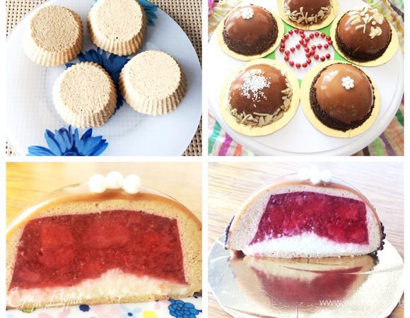 Всего у меня получилось 6 достаточно больших «елок». При подаче гостям я разрезала их пополам, так что хватило всем присутствующим. Мусс у меня остался и 2 клубничные начинки. Я приготовила еще 2 полноценных пирожных с клубничным наполнителем. А остальной мусс я охладила в силиконовых формочках, получился вкусный десерт к утреннему кофе. Как видно на фото, в пирожных начинка великовата, т.к. изначально я не предполагала делать пирожные. Но раз остались заготовки, я их использовала. Была бы начинка меньше, пирожное в разрезе смотрелось бы лучше.
