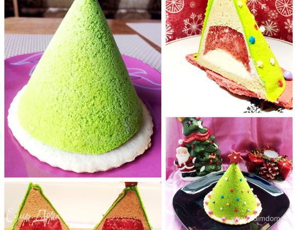 Пока заготовки охлаждаются, нужно будет испечь основания «елочек» из песочного теста сабле. Основание должно быть чуть больше, чем нижний диаметр картонных конусов (около 12 — 13 см), толщина 4 мм.
Так выглядела «елочка» до украшения на основании из песочного теста.
Украшаем по своему желанию. Я украшала кондитерской посыпкой при помощи кондитерского клея. А верхушки из того же песочного теста, подкрашенного в красный цвет.
И пирожные в разрезе. Я осталась довольна результатом и нисколько не пожалела о затраченном времени.
В следующий раз буду готовить меньше по размеру, если это будет в виде «елочки», т.к. одному такое пирожное сложно осилить.