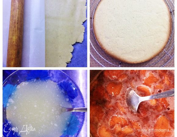 Делим тесто на две части, Каждую часть раскатываем между листами пергамента в пласт толщиной 1 см. Убираем в холодильник на 20 минут. Для «елочек» я использовала только часть теста, подкрашенную в красный цвет. Вторую использовала для другого десерта — муссовый торт с клубничным желе.
По истечении времени вырезаем из теста круги нужного размера и выпекаем в разогретой до 170°С духовке минут 10 — 12, важно не пересушить (следим за духовкой). Остужаем.
