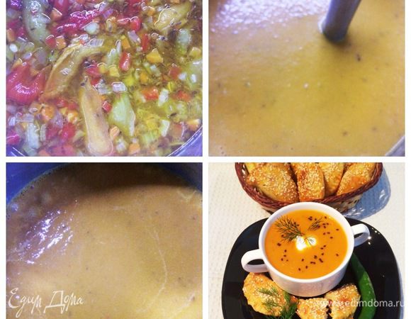 Снимаем кастрюлю с огня, вынимаем лавровые листики, солим по вкусу и пюрируем суп погружным блендером.
Затем возвращаем кастрюлю на плиту, даем супу закипеть, варим еще 2 минуты.
Суп готов. 