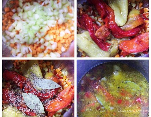 Добавляем морковь и сельдерей, снова обжариваем минут 5 — 6. Отправляем в кастрюлю перцы, чайную ложку кумина и два лавровых листика. Заливаем куриным или грибным бульоном (если нет бульона, тогда просто кипятком). Бульона нужно столько, чтобы просто прикрыть овощи. Варим суп до того, пока морковь станет мягкой.