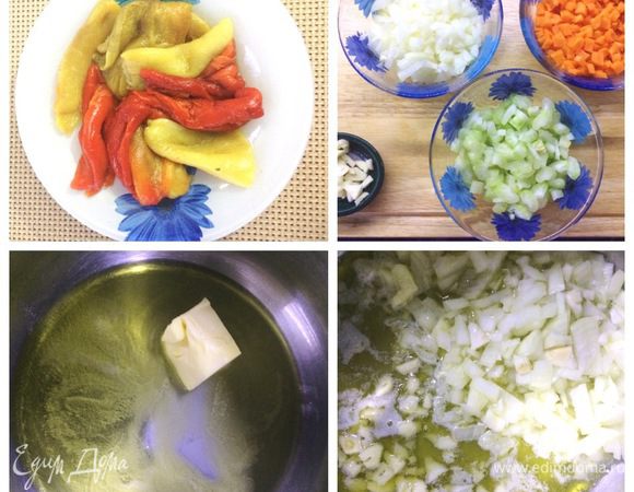 Осенью я запекала перец, потом его замораживала. Поэтому, для того, чтобы приготовить этот суп, я просто вынула порцию замороженных печеных перцев, разморозила их и приступила к готовке супа. У кого такой заготовки нет, тогда придется перцы выпекать, чистить, а потом использовать по назначению.
Подготовим овощи для зажарки. Нарежем лук, морковь и сельдерей в равных пропорциях. Также измельчим чеснок. В кастрюлю наливаем оливковое масло и добавляем кусочек сливочного. Когда масло растопится, отправляем в кастрюлю чеснок и лук, обжариваем минуты 3 — 4.