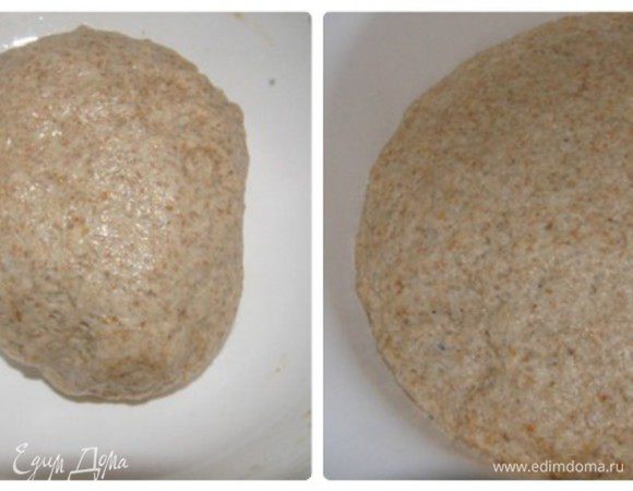 Замесить тесто. Сначала месим ложкой, потом 5 минут руками. Миску смазать маслом, обвалять в масле шар теста и оставить расстаиваться на 1 час в теплое место без сквозняков.