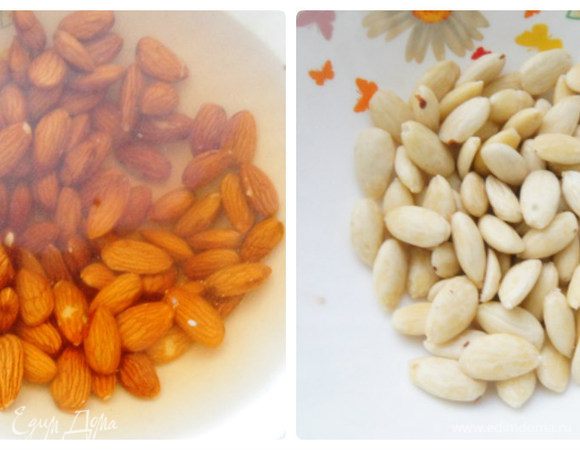 Миндаль залить кипятком на 5 минут, затем очистить от кожицы. Подсушить в духовке при 100°С около 10 — 15 минут. Орешки не должны поджариться, только подсохнуть. Остудить.