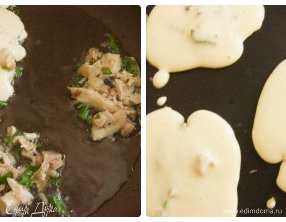 Жарить можно 2 способами. Первый — на небольшом количестве масла, второй — на блинной сковороде без масла. Второй предпочтительней! Кладем немного припека на сковородку, а сверху заливаем ложкой теста. Жарим с обеих сторон до готовности.