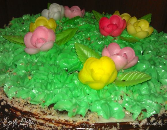 На дно разъемной формы выложить пропитанный корж и залить готовым сливочным кремом. Поставить застывать в холодильник на 1 — 1,5 часа. После накрыть второй частью бисквита.
В качестве украшения я использовал крем масляный классический на сахарной пудре. Для его приготовления понадобится сливочное масло (комнатной температуры) и сахарная пудра. В процессе взбивания добавил пару капель зеленого пищевого красителя.
Окружность торта — это шоколадный ганаш и тертый грецкий орех.