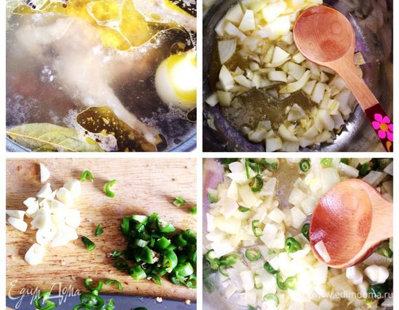 В рецепте используется куриный бульон, который я сварила накануне, так что используем уже готовый бульон или зальем суп кипятком (на ваше усмотрение).
Чистим и нарезаем лук, произвольно (все равно будем пюрировать в конце). В кастрюлю добавляем сливочное масло, туда же лук и обжариваем минут 5. Нарезаем 1 горький перец (ориентируйтесь на свой вкус, можно и два, кто любит погорячее). Измельчаем очищенный чеснок и отправляем к луку еще на 5 минут.
