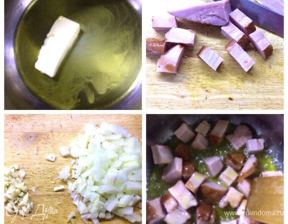У меня в наличии была копченая свиная грудинка. Нарезаем ее кубиками, достаточно крупными. В кастрюлю наливаем оливковое масло, добавляем сливочное. Отправляем в кастрюлю нарезанное мясо, обжариваем его минут 5 — 6.
Нарезаем лук и чеснок мелко.