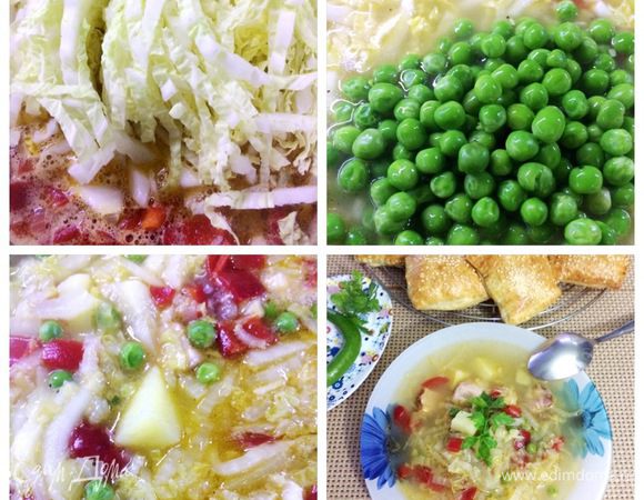 Когда картофель будет практически готов, отправляем капусту в кастрюлю и следом горошек (у меня замороженный). Варим суп до готовности, солим и перчим по вкусу.
