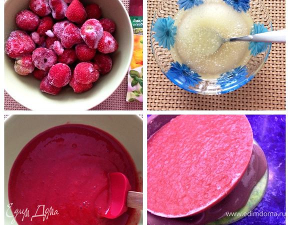 Готовим клубничное конфи.
Замочить желатин холодной водой. Затем распустить на водяной бане. Делаем пюре из клубники. У меня замороженная, поэтому я дала ей немного растаять и при помощи погружного блендера пюрировала. Отлить немного пюре в сотейник, довести до кипения вместе с сахаром. Охладить до температуры 85°С и влить распущенный желатин. Готовое клубничное пюре понадобится для основания торта, а также для внутреннего слоя в торте.