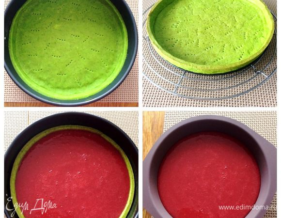 Вынимаем форму с тестом из морозилки и выпекаем в разогретой до 170°С духовке минут 10 — 15, важно не пересушить (следим за духовкой). Остужаем.  
Остывший корж заполняем полностью клубничным конфи. Остальное пюре заливаем в форму меньшую диаметром (у меня 24 см). Обе формы отправляем охлаждаться в морозилку на 4 часа.