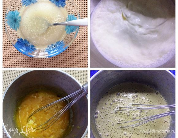 Желатин заливаем холодной водой и оставляем набухать. Оставшиеся сливки (700 мл) взбиваем при помощи миксера. Желтки перемешиваем с сахаром. Процеженные сливки аккуратно вливаем на желтки (осторожно, чтобы желтки не сварились), перемешиваем. Ставим сотейник на плиту и варим яичную массу, постоянно помешивая. Не переварите желтки, температура примерно 85°С. Распустить желатин на водяной бане и вводим в крем. Тщательно все перемешиваем. 