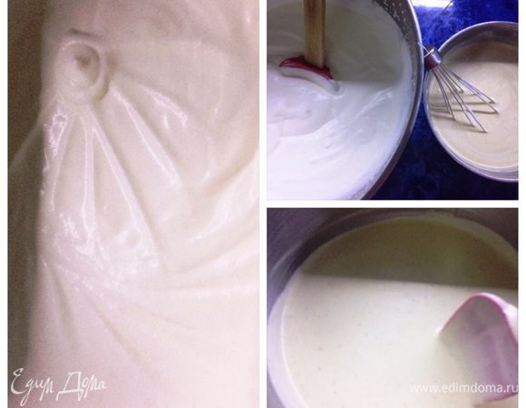 Сливки взбиваем до полувзбитого состояния. Полоски от венчика на сливках появляются, но все же не такие четкие. Крем необходимо остудить до 35°С, чтобы можно было соединить со сливками. В крем добавляем немного взбитых сливок, тщательно перемешиваем. Полученную массу вводим в остальные сливки, перемешиваем. Мусс с базиликом готов. 