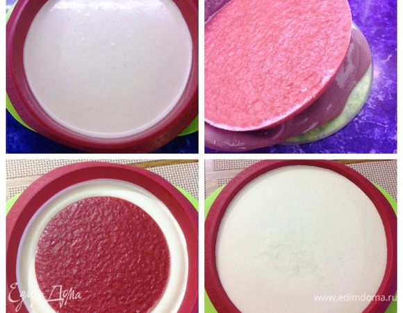 В силиконовую форму (у меня 26 см) выливаем половину мусса. Замороженное клубничное конфи освобождаем от формы и аккуратно вводим в мусс. Я немного подстраховалась и отправила форму на 10 минут в морозилку, чтобы мусс начал схватываться, т.к. переживала, чтобы клубника не пошла ко дну. Сверху выкладываем оставшийся мусс и отправляем в морозилку на ночь (до покрытия зеркальной глазурью). 