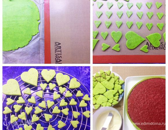 Из оставшегося песочного теста я вырезала и выпекала сердечки, чтобы по кругу украсить корж. 