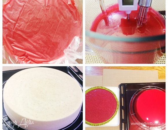 Осталось покрыть торт глазурью. Для этого нужно глазурь нагреть, чтобы она полностью растаяла. Затем остудить до 30 — 35°С — рабочая температура. Вынимаем торт из морозилки, освобождаем от формы и покрываем глазурью. Даем излишкам стечь. И пытаемся как можно аккуратней перенести верхнюю часть торта на корж.  