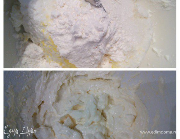 В это время займемся начинкой. Для этого нужно смешать ингредиенты начинки и пробить погружным блендером до однородности. Поставить в холодильник до востребования. Мне начинки не хватило, поэтому в ингредиентах увеличила количество творога. 