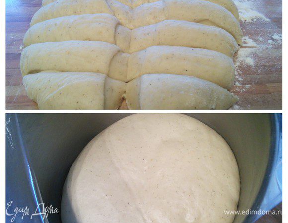 Подошедшее тесто нужно обмять. На посыпанной мукой поверхности тесто разделить на 15 частей. Чтобы ватрушки получить одинакового размера, можно использовать весы. Я разделила на 14 частей, а потом  добавляла там, где было необходимо. 