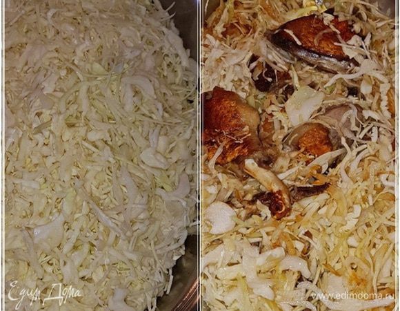 И капуста. Немного потомите, потом переворошите. Перемешайте очень тщательно, чтобы вся капуста жиром пропиталась.
И опять под крышку на маленький огонек.
