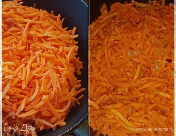 Дальше морковку в сковороду, и через пару минут тщательно перемешать. 
Потом, постоянно помешивая, очень деликатно тушить на маленьком огне. Крышкой сковороду накройте.

