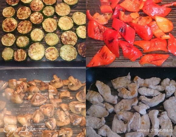 Обжариваем все овощи и куриную грудку, все по отдельности. Если на фото не очень хорошо видно, то можно нажать кнопочку «на весь экран».