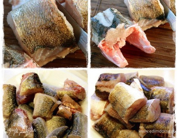 Режем рыбку на кусочки. Как это принято говорить, порционные.
И сортируем. Которые из района хвостов, например, пойдут на уху. А другие жарить будем. Покрупнее и пожирнее которые.