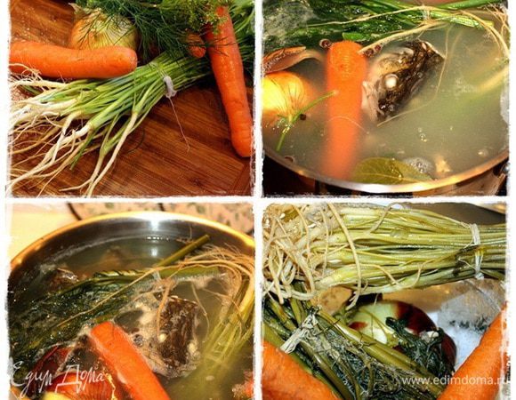 Готовим букет кореньев. Как готовим? Да просто. Пошел себе в огород, надергал всего того, что выросло, добавил несколько перчинок и лаврушки.
Да и отправил все в кастрюльку. И пусть себе не на сильном огонечке варится. На границе «варится» — «томится». 
Немного времени прошло, хотя и торопиться не стоит, но вся эта требуха уже сварилась. И вкус появился у юшки, даже довольно насыщенный. А значит пришла пора его с огня снимать.
Снимем и первым делом удалим из бульона весь коренной букет. Только стечь дайте. Некоторые отжимают, но я не стал таким экстримом заниматься.
Думаете, выбросил? Ни разу. Куры, извините, склевали.