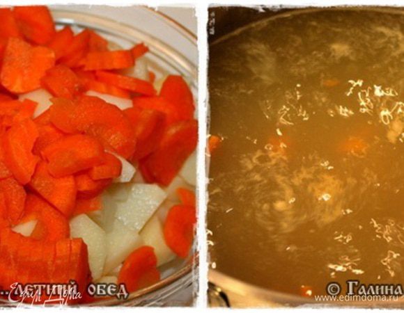 И картошечки с морковкой почистим и порежем. Подготовим для закладки.
И сразу же, когда бульон закипел, овощи отправим в кастрюльку.
