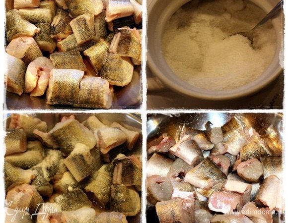 А мы пока рыбку пожарим. На второе, что называется.
Возьмем соль и рыбку посолим. 
Потом перемешаем как следует и дадим настояться. Недолго. Минут 10. Можно добавить каких-нибудь специй и трав. Но я не стал. Потому что к такой рыбе, она же сама по себе РЫБА!