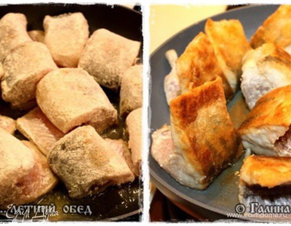 И как только сковорода разогрелась и масло раскалилось, рыбу на нее выложим.
Как только она обжарилась с одной стороны (минуть 5 — 7 буквально) перевернуть рыбку надо.
