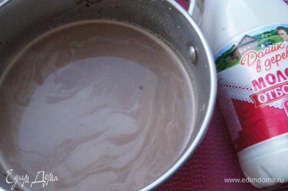 Молоко «Домик в деревне» отборное подогреть. Растворить в нем какао и кофе. Размешать и влить ликер.