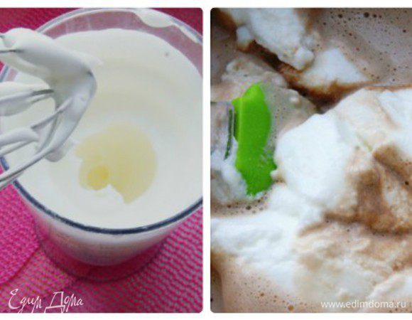 Яичные белки взбить до крепкой пены. Ввести в тесто, аккуратно размешивая лопаткой.