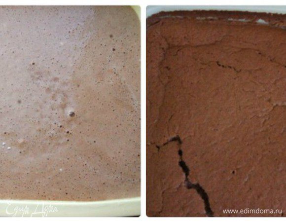 Форму смазать маслом и присыпать мукой. Если форма силиконовая можно обойтись и без смазывания. Форма у меня размером 23 на 23 и высотой 6 см.
Поставить торт в разогретую до 180°С духовку на 10 минут. Затем температуру снизить до 160°С и оставить еще на 30 минут.
Может понадобится больше времени, в зависимости от вашей духовки. Если палочка вставленная в торт выходит сухой, то он готов. На поверхности появились небольшие трещинки.