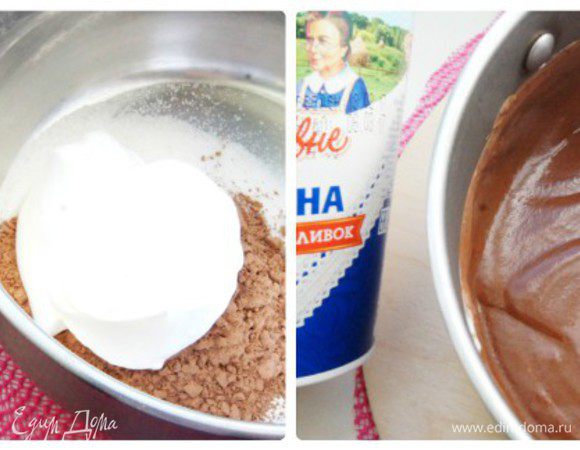 Можно подать торт и так, он самодостаточен полностью. Но дети попросили полить чем-нибудь сверху.
Поэтому делаем шоколадную глазурь. В кастрюльке смешать какао, оба вида сахара и сметану «Домик в деревне». Нагреть до растворения сахара, постоянно помешивая. Добавить сливочное масло, размешать, проварить 1 минуту и снять глазурь с огня.