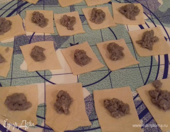 Раскатываем кусочек теста в пласт, режем его на квадраты (у меня размером около 5 см с каждой стороны). На каждый квадратик выкладываем по 1 чайной ложке начинки.