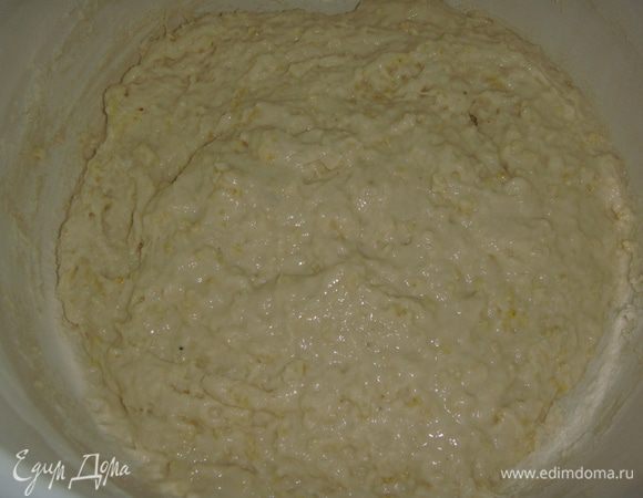 Всыпать муку, перемешать, накрыть емкость с тестом полотенцем и оставить на 8 часов при комнатной температуре.