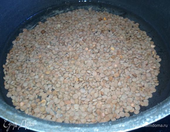 Чечевицу промываем водой. Выкладываем в кастрюлю. Добавляем чистую воду — 400 мл. Варим до готовности.