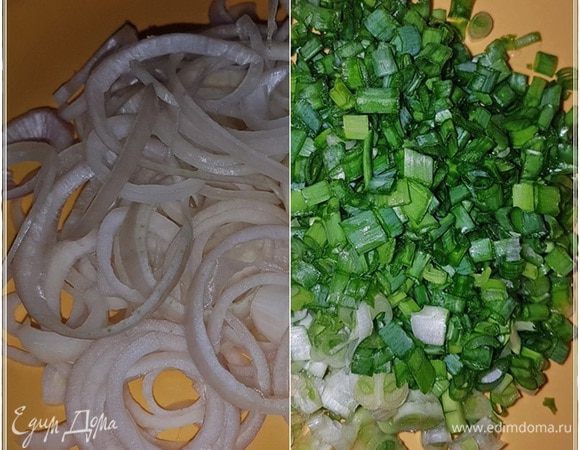 Можно репчатый и кубиком покрошить, но я предпочитаю колечками. И тоненько. Не знаю, но мне так нравится больше.
А зеленый особенно мельчить не стоит, в общем, средненько так, но все же с уклоном к мелкой фракции.
