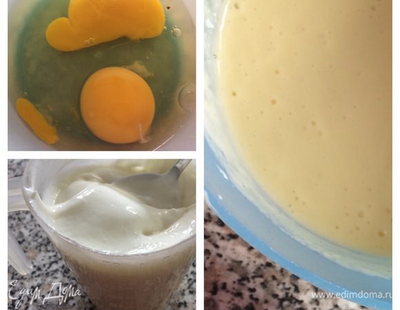 Два яйца взбить с сахарозаменителем (можно использовать только белки, но тогда нужно будет 3 яйца минимум), добавить йогурт обезжиренный (у меня Quark creme Exquisa 0,2 % жирности).